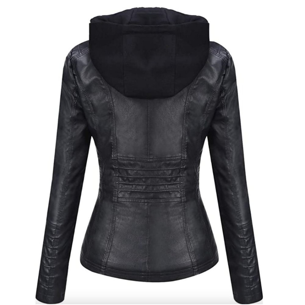 Black Leather Jacket with Detachable Hood - Picture 2 of 8